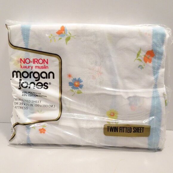 Vintage Morgan Jones Twin Fitted Sheet Delicate Flowers NOS Blue - Picture 1 of 3